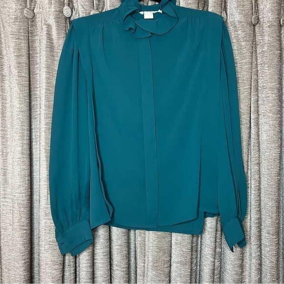 Vintage Ruffle High Neck Turquoise Blue Button Front Blouse Size 8 - Picture 4 of 16